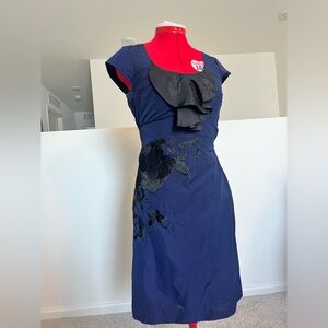Navy blue cocktail dress with black floral detail
